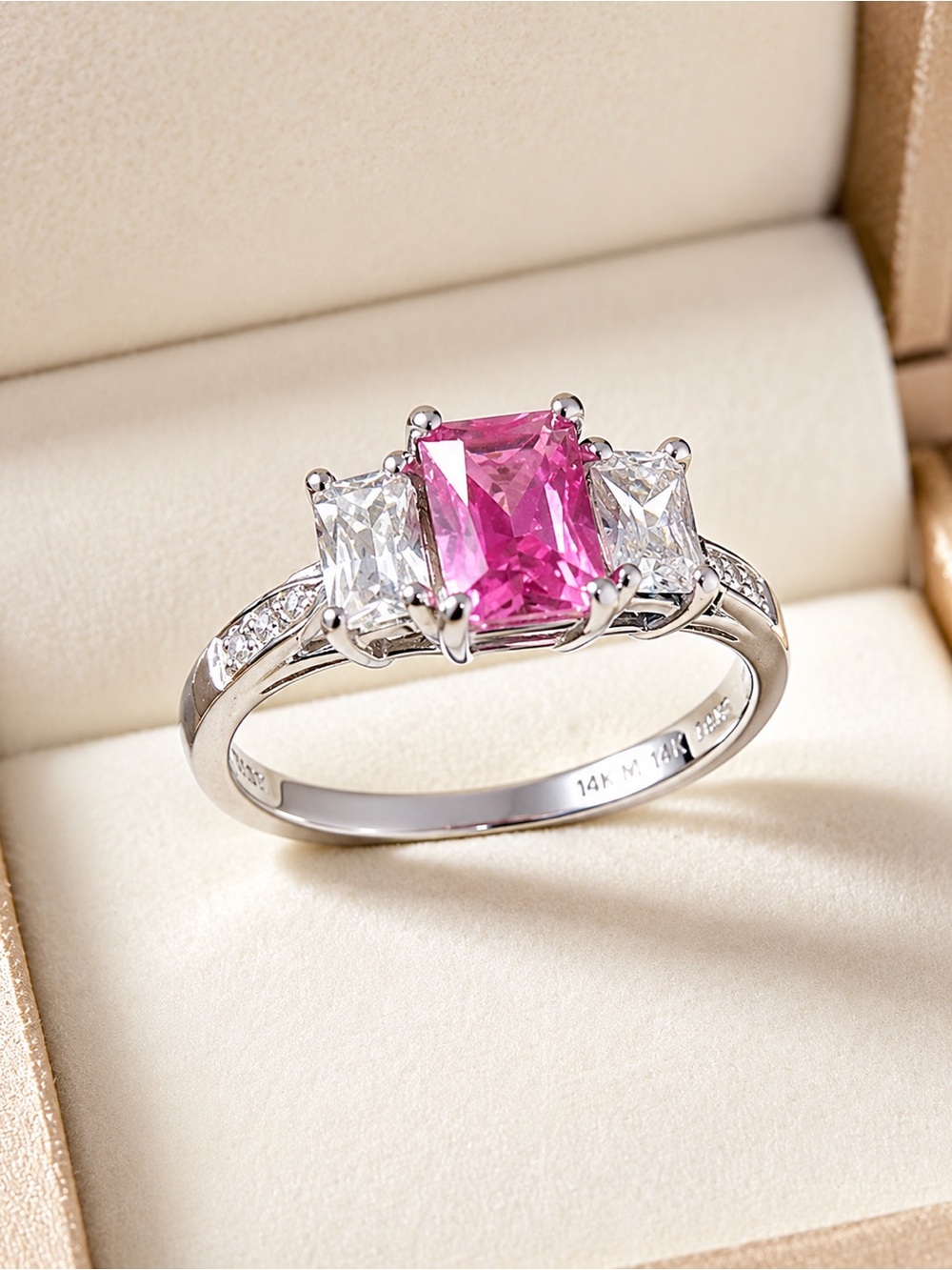 10k White Gold Three-Stone Pink Sapphire and Diamond Ring